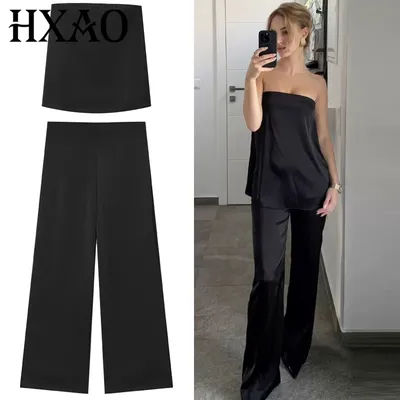HXAO – ensemble deux pièces en Satin pour femmes, pantalon d'été, sans bretelles, épaules dénudées, haut tubulaire, taille haute, pantalon