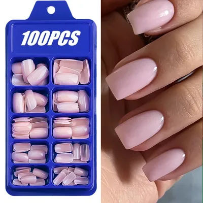 100 pièces rose clair presse sur ongles court moyen carré portable faux ongles conseils 10 tailles couverture complète faux ongles décoration des doigts