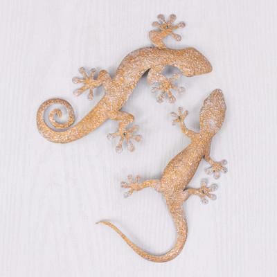 'Set of Two Gecko-Shaped Golden Iron Wall Art Pieces'