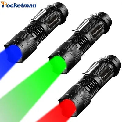 Mini lampe de poche LED super lumineuse, lumière rouge, bleue, verte, petite torche, lanternes 3 modes, lampe n'aime, utilise une batterie 14500
