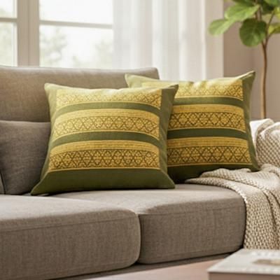 '2 Green and Golden-Hued Brocade Cotton Cushion Covers'