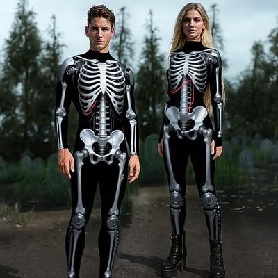 Body Costumi di Gruppo per Coppie di Halloween Catsuit a Corpo Intero Teschio Scheletro Costume Spaventoso Bambini Adulti Per uomo Per donna Ragazzi Halloween Carnevale Feste Performance Costumi di