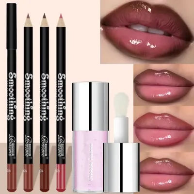 4-Piece Set Of Crystal Transparent Lip Gloss Lipliner Set With Jelly Lubrication And Easy Makeup Lip Gloss
