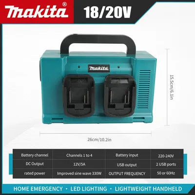 Makita 18/20V Portable Power Station:Dual Battery Slots,LED Lighting, AC/DC/USB Outputs,Lightweight Handheld for Home Emergencie