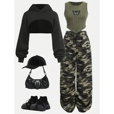Vêtements pour enfants : Ensemble trois pièces pour filles, sweat-shirt court à capuche, gilet côtelé en polaire et pantalon de survêtement camouflage, tenue cool pour fille, vert armée