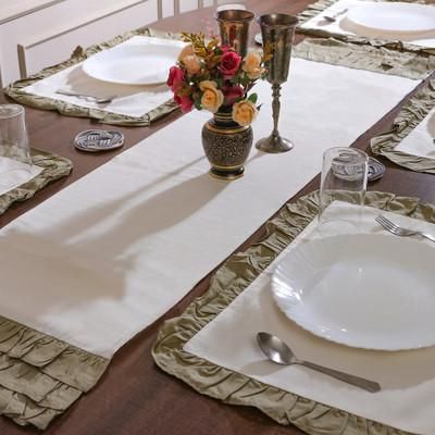'7-Piece Ruffled Green White Cotton Table Runner Placemat Set'