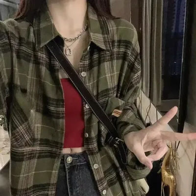 Chemise à carreaux pour femmes, vêtements d'automne, haut ample, élégant, Social, manches longues, chemise superposée, haut Vintage Y2k, nouvelle collection
