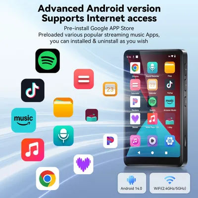 RUIZU NEW Android 14.0 64GBMP3 Player with Bluetooth and WiFi, 4GB RAM+64GB ROM,4" HD Full Touch Screen,Support Install app
