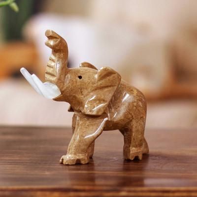 'Hand-Carved Marble Sculpture of Brown Elephant Raising Trunk'