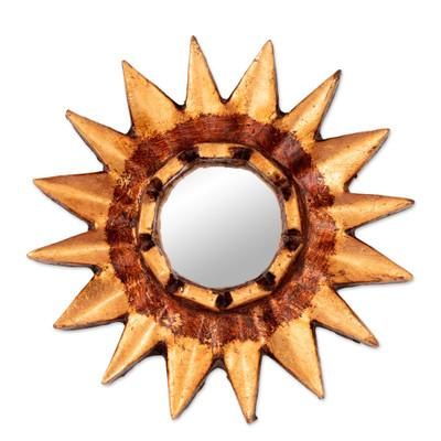 'Sun-Shaped Antiqued Bronze-Gilded Mirrored Wood Wall Accent'