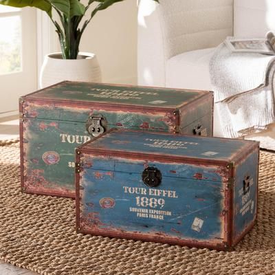 Sabeen Vintage Parisian Faux Leather and Wood 2-Piece Storage Trunk Set by Baxton Studio in Green (Size ONE SIZE)