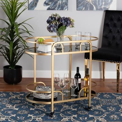 Leighton Contemporary Glam and Luxe Gold Metal and Tempered Glass 2-Tier Wine Cart by Bali & Pari in Gold (Size OS)