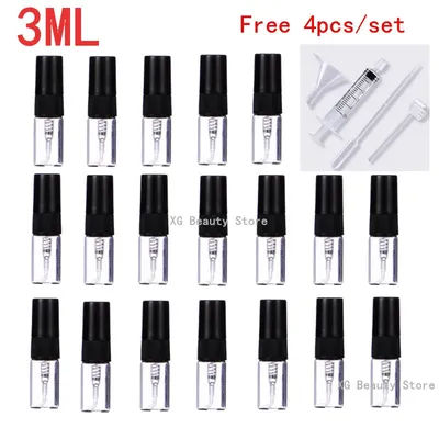 5/10/50/100PCS 3ML Black Refillable Bottle Glass Spray Bottle With 4 Accessories , 1 Dropper, 1 Funnel, 1 Dispenser, 1 Syringe ﻿