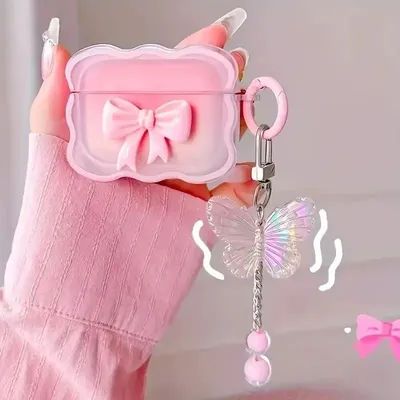 INS wave Bow Custodia trasparente Stars Wave Gradient Pink Bow Custodia per cuffie Airpods 4 3 pro 2 1 Custodia protettiva per auricolari