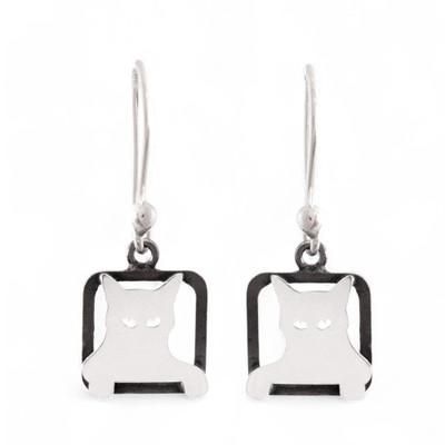 Mischievous Sparkle,'Modern Square Sterling Silver Dangle Earrings of Peeking Cat'