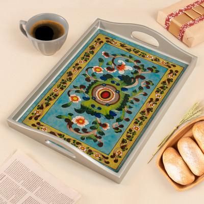 'Silver-Toned Handcrafted Floral Reverse-Painted Glass Tray'