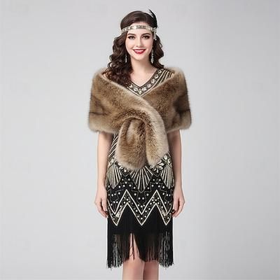 Set Anni Ruggenti Anni 1920 Midi Abito Flapper Costume di fantasia Scialle in pelliccia sintetica con accessori Il grande Gatsby Ragazza Flapper Paillettes Frangia con nappe Costume Per donna