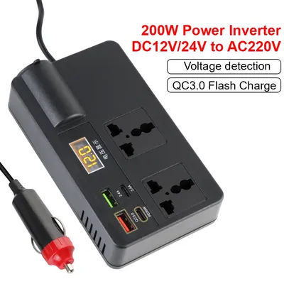 With Digital Voltmeter RV Inverter 200W Cigar Lighter Plug DC 12V/24V to AC 220V Car Power Adapter Socket PD Type-C USB Chargers
