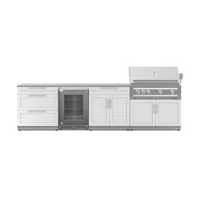 NewAge Outdoor Kitchens Stainless Steel 7-Piece Cabinet Set with 3-Drawer, Bar, Grill Cabinet, Platinum Grill, Countertop, and Glass Door Fridge