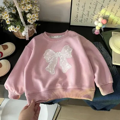 Children Girls Sweatshirt with Lace Bow Fashion Loose Fit Round Neck Top for Fall Autumn 1-6Years