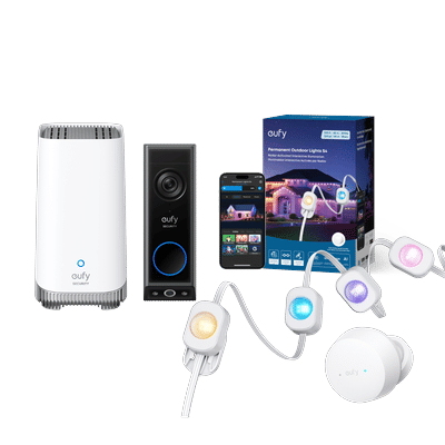 eufy Permanent Outdoor Lights S4 (200ft with 144 LEDs) + Video Doorbell E340 (Battery Powered) + eufy HomeBase S380 White