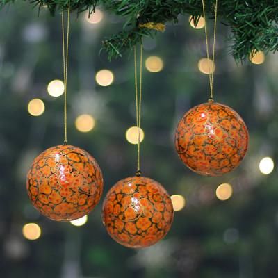 'Painted 3-Piece Orange and Golden Papier Mache Ornament Set'