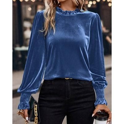 Per donna Velluto Elegant Elegante Blusa Arricciato Semplice Vintage Elegante Manica Lunga Girocollo Top Regolari Quotidiano Ferie Uscire Blu Verde militare Verde Rosa Autunno Inverno