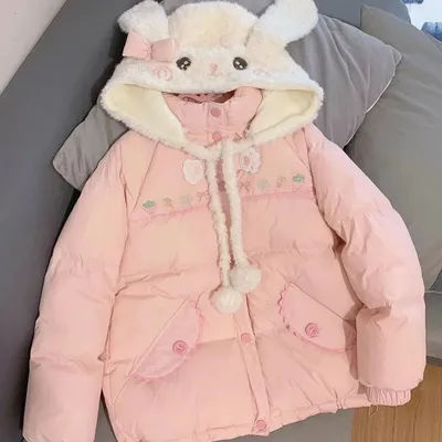 Pink Kawaii Lolita Style Women Parka Japanese Cute Embroidery Bunny Ears Hooded Jacket Loose Plush Velvet Lined Down Padded Coat