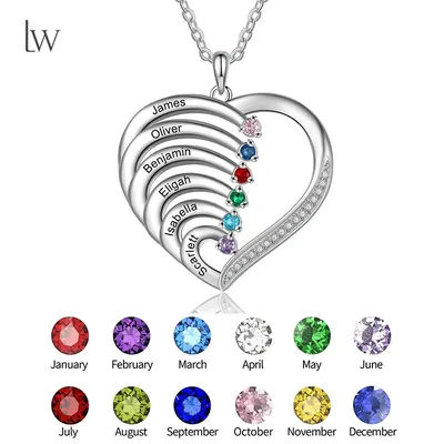 Personalized Mothers Birthstone Necklace 2~6 Family Birthstone Heart Pendant Necklace Custom Name Birthstone Necklace for Women