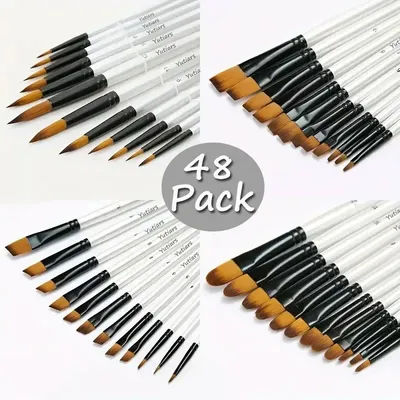 12/48Pcs Professional Quality Art Watercolor Brushes White Nylon Round Tip Set for Acrylic and Brushes for Face Body Nail Art