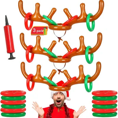 Inflatable Reindeer Antler Ring Toss Game Antler Hat with Rings Christmas Party Games for Kids Adults Family Ring Toss Xmas Toys