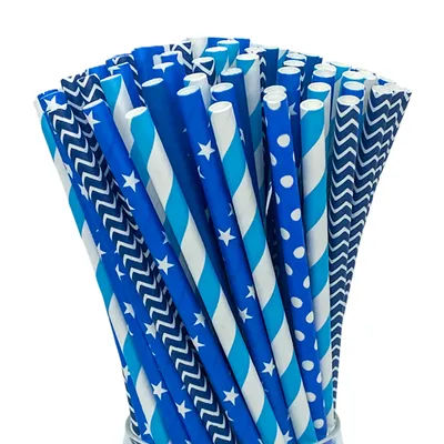 100pcs mixed blue paper straws, perfect for parties, bubble tea shops, etc
