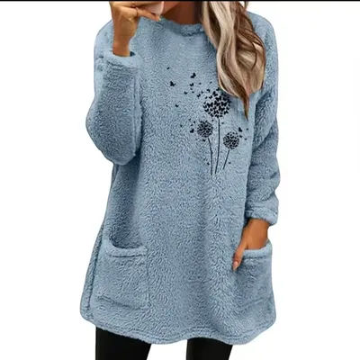 Women's Double-Sided Velvet Sweater round Neck Long Sleeve Plant Printed with Pockets Autumn Winter Loose Fit Fashion Top