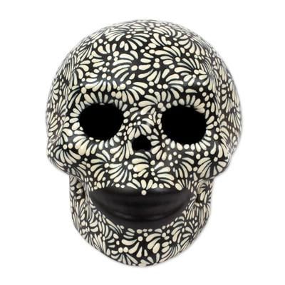 'Handcrafted Talavera Style Black-Ivory Ceramic Skull'