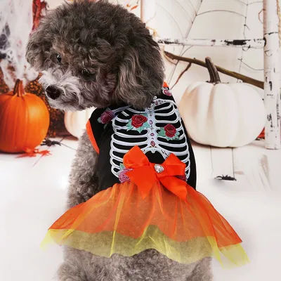 Autumn Winter Puppy Costume Dress Halloween Pet Cute Puppy Kitten Casual Fashion Costume Pet Skeleton Bow Dress