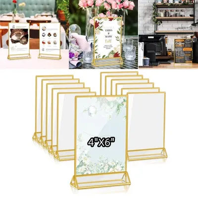 4x6inch Acrylic Sign Holder With 3mm Gold Border Vertical Stand For Wedding Picture Frame Table Menu Stand Photo Art Display
