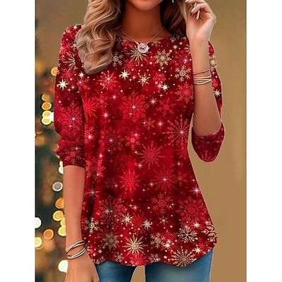 Maglia natalizia donna tunica fiocco di neve grafica vintage elegante classica maniche lunghe girocollo top regolari quotidiani stampa rosa rossa blu verde autunno inverno