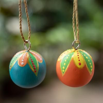 'Pair of Hand-Carved Painted Wood Globe Christmas Ornaments'