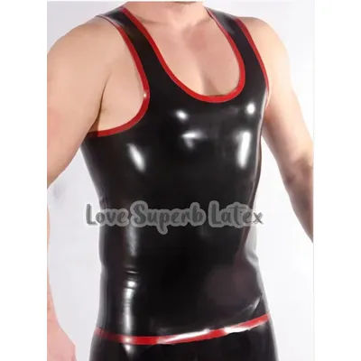 Handmade Natural Latex Men's Vest Tank Latex Rubber Male Top Sleeveless Shirt with Red Trim Halloween Cosplay