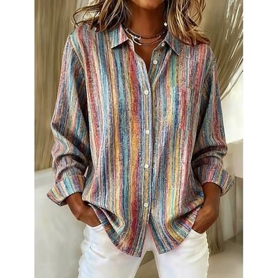 Per donna Camicia Blusa Patchwork Bottoni Stampato Grafico Geometrico Plaid Vintage Tropicale Quotidiano Manica Lunga Colletto a Camicia Top Regolari Quotidiano Blu Rosso Viola chiaro Viola Arancione