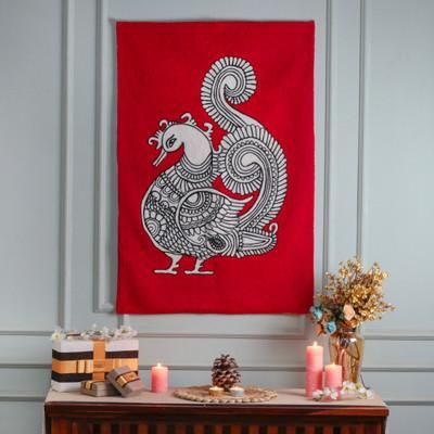 'Artisan-Made Peacock-Theme Chain-Stitched 100% Wool Tapestry'
