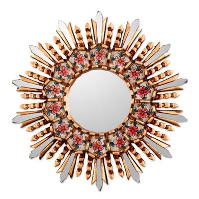 'Sun Floral-Themed Bronze-Gilded Reverse-Painted Glass Mirror'