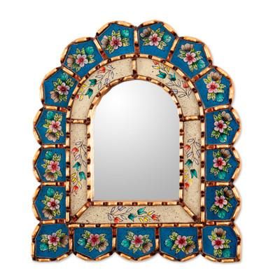 'Bronze-Gilded Reverse-Painted Glass Floral Wall Mirror'
