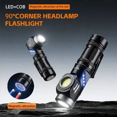Lampe de poche LED 2 en 1 90 ° Lampe frontale pivotante torsadée Super lumineuse, lampe de Camping, travail en plein air, randonnée, phare d'urgence, torche magnétique