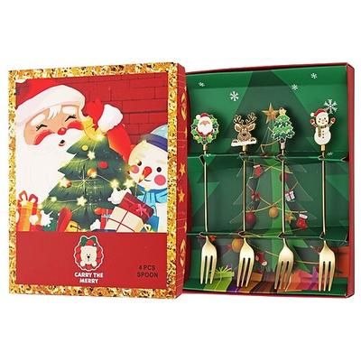 Set di 4 cucchiai e forchette natalizi in acciaio inox, albero di Natale, tè, caffè, dessert, gelato, stoviglie, posate creative, regalo per casa, festa, vacanza