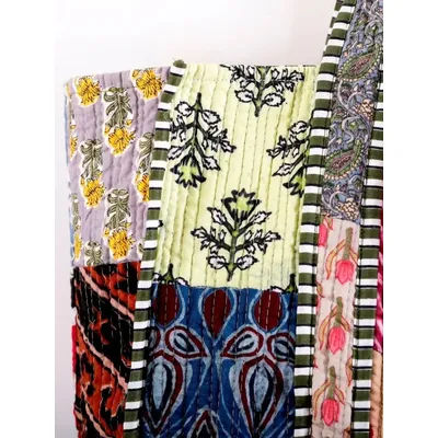 Handmade Kantha Stitching hine Patchwork Cotton Tote Bag Casual Vaion Travel Women's oulder Bag Floral Plant Pattern