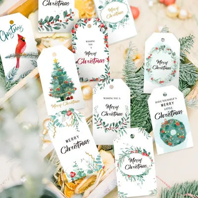 50Sets Christmas Gift Tags Greenery Xmas Tree Paper Hang Tag with String New Year Party Wrapping Label Card Present Name Tags