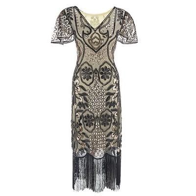 Anni Ruggenti Anni 1920 Midi Abito Flapper Maniche corte Il grande Gatsby Ragazza Flapper Paillettes Frange Tubino Colonna Scollo a V Costume Per donna Natale Carnevale speakeasy Mascherata Festa a
