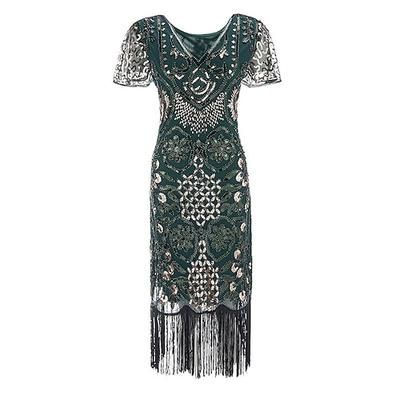 Anni Ruggenti Anni 1920 Midi Abito Flapper Maniche corte Il grande Gatsby Ragazza Flapper Paillettes Frange Tubino Colonna Scollo a V Costume Per donna Natale Carnevale speakeasy Mascherata Festa a