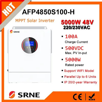 SRNE 5KW 220VAC Off-grid Inverter 48VDC Single Phase Hybrid Solar Inverter PV Max 500VOC Mppt 100A Charger Max Parallel 6 Units